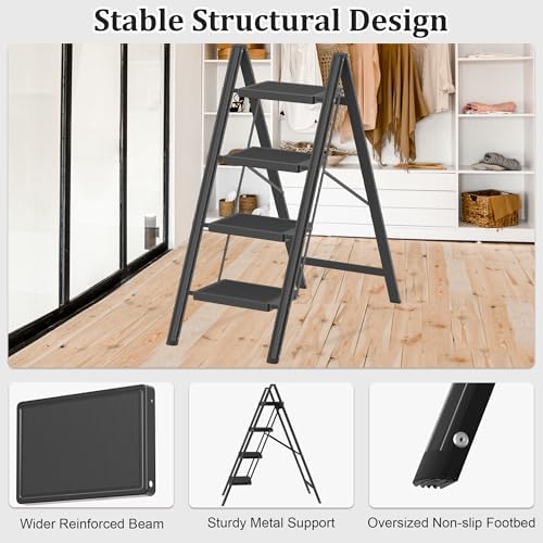 DIAMONDFORGE 4 Step Ladder, Folding Step Stool with Anti-Slip Wide Pedal, Anti-Slip Feet, Sturdiest Steel Construction, Steel Ladder for Home and Office, Black - Image 3