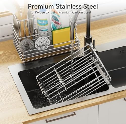 Yofidra Kitchen Sink Caddy with Instant Drying Stone, Metal Stainless Steel Dish Sponge Holder Basket for Sponges, Scrubbers, Soap, 9.5" X 5.5" X 5.7" Sink Box Organizer - Image 7