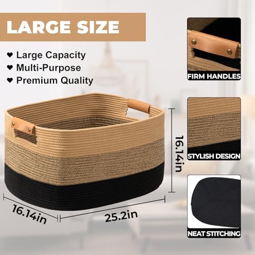 danpinera Large Woven Basket, 108L Large Blanket Basket for Living Room, Nursery, Cotton Woven Hamper for Toy Organizing & Laundry, 25’’*16’’*16’’ Gradient Linen - Image 2