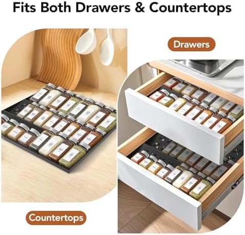 Spice Drawer Organizer 3-Tier Expandable (11"-22" Wide), Spice Rack for Cabinet with Funnel & Spice Labels, Fits Large Jars, Seasoning Storage Insert Design for Cabinet & Drawer (Black) - Image 2
