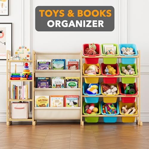SpaceAid 3-in-1 Toy Storage Organizer with 4 Shelves and 12 Bins, Toy Organizers Storage 3-Tier Bookshelf, Kids Bin Shelf Box Bookcase for Bedroom Playroom Organization Room Decor, Multi-Colored - Image 4