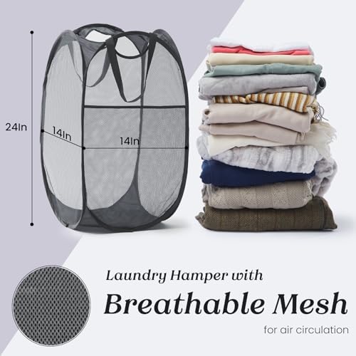 TECHMILLY Collapsible Mesh Pop Up Laundry Hamper with Sturdy Handles and Side Pocket - Portable Foldable Clothes Baskets for Dorm, Bathroom & Travel Storage (Grey) - Image 5