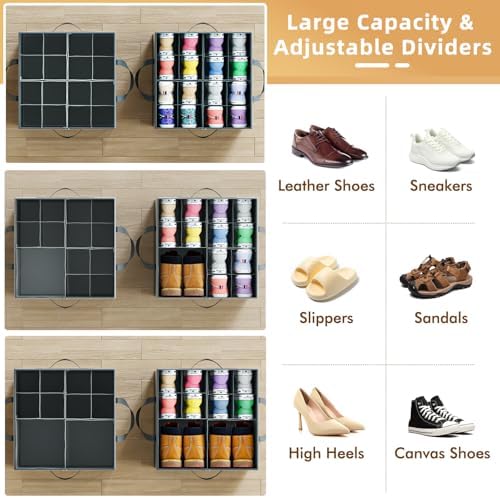 Large Reinforced Shoe Organizer for Closet with Adjustable Dividers, Gray - Image 2