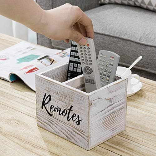 MyGift Remote Control Holder,TV Remote Holder,Wood Remote Caddy for Table,2 Large Compartment,Shabby Whitewashed Solid Wood with Black Cursive Remotes Label - Image 4