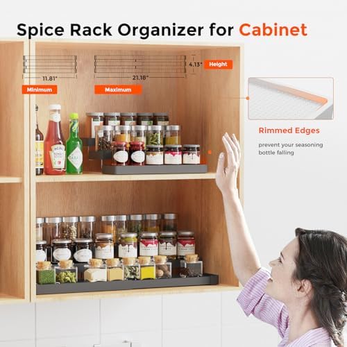 2 Pack Expandable Spice Rack Organizer for Cabinet - 3 Tier Adjustable Cabinet Spice Organizer Easy Visibility - Spice Organizer for Cabinet Countertop Cupboard Pantry Organization (Black) - Image 4