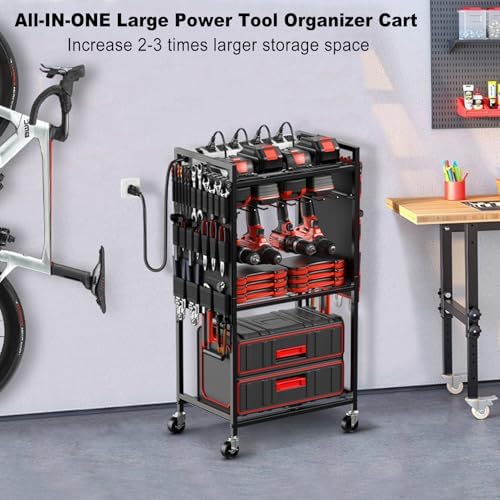 JUNNUJ Power Tool Organizer Cart with Charging Station, 10 FT Cord, Black - Image 6