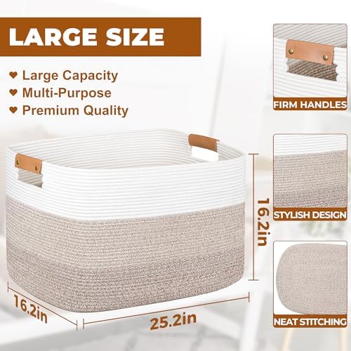 danpinera 108L Large Blanket Basket for Living Room, Woven Storage Basket with Leather Handles, Cotton Rope Storage Organization in Nursery for Toys & Clothes 25 ''* 16 ''*16 '', Gradient Brown - Image 2
