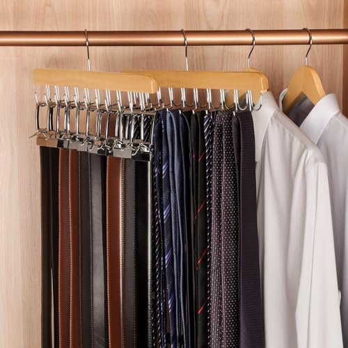 TOPIA HANGER 2 Pack 2 in 1 Belt Tie Hanger for Closet Max 60 Belts with 60 Ties Capacity, 20 Hooks Belt Tie Racks Wooden Hanger for Closet Organizer Space Saving “U” Fit Belt and “一” Fit Tie - CT59N - Image 5