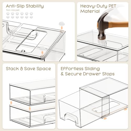 Criusia Stackable Storage Drawers, 4 Pack Clear Plastic Makeup & Bathroom Organizer, Versatile Storage Bins for Vanity, Under Sink, Kitchen Cabinets & Pantry - Image 5