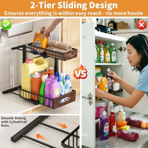 2-Tier Under Sink Organizer with Wooden Drawer Handle, 2 Pack Adjustable Height Pull Out Cabinet Organizer Shelf,Slide out Storage Drawer Rack for Kitchen Bathroom Laundry Room Pantry - Image 4