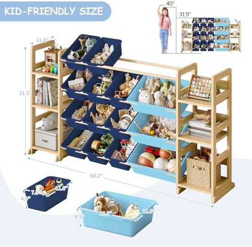 EXPERLAM Extra Large Toy Storage - Toy Storage Organizer, Wooden Toy Organizer with 6 Side Shelves and 16 Bins, 3-in-1 Bookshelf for Kids Rooms, Playroom, Nursery, Blue - Image 2