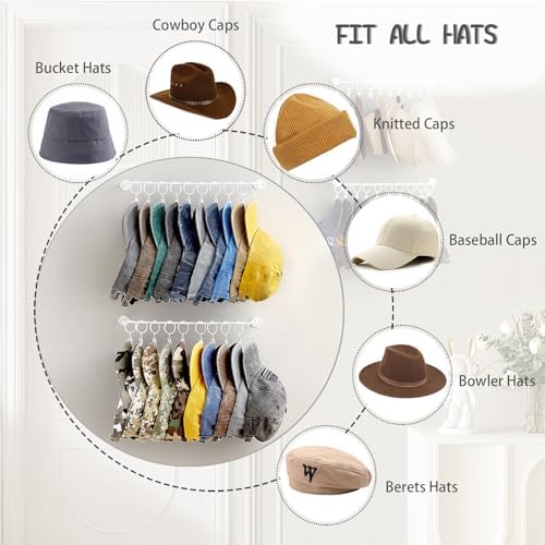 Hat Rack Wall Cap Organizer - Baseball Hat Racks Display Holder with 40 Hooks - Modern Metal Black Hats Storage Wall Mounted Caps Hanger Set of 4 for Closet Door Bedroom Entryway Laundry(White) - Image 3