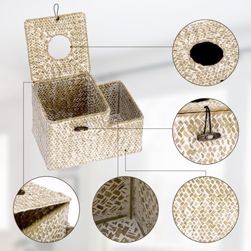 Sumnacon Tissue Box Cover Square Tissue Box Woven Seagrass Tissue Box Holder with Side Organizer, Rustic Tissue Holder for Living Room Bathroom Bedroom Kitchen Office Table Desk, White - Image 6