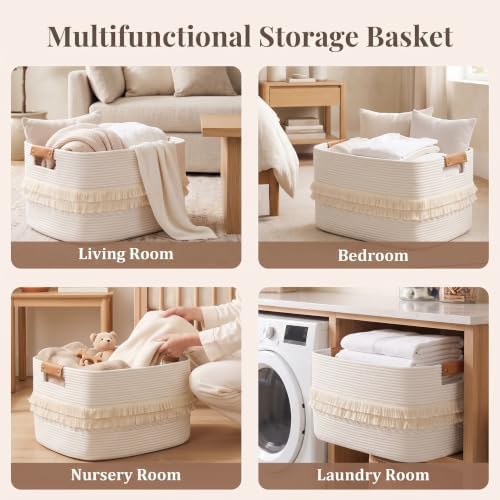 danpinera 108L Large Basket for Living Room, Boho Decorative Basket Organizing with Handles, Cotton Rope Storage for Toys, Pillows, Clothes, 25’’*16’’*16’’ White - Image 6