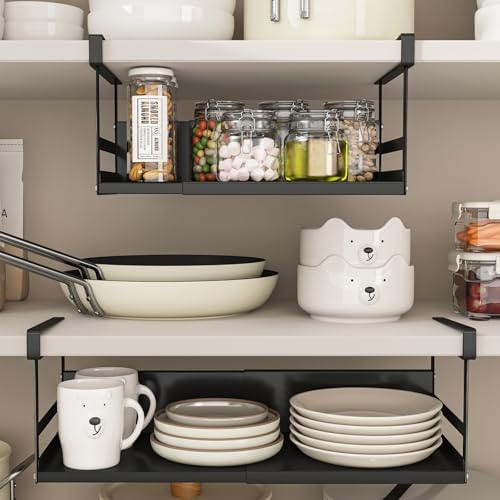 Expandable Under Cabinet Shelf Organizer with 0.94-Inch Thick Clips, Heavy Duty Extendable Under Shelf Storage Basket for Pantry or Laundry Room, Black, 1 Pack, Interior: 4.13" H x 7.2" D - Image 2