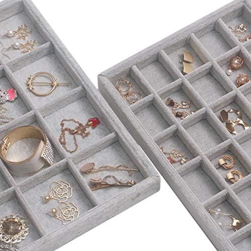 DIOMMELL Set of 4 Stackable Velvet Jewelry Trays Organizer, Jewelry Display Storage Box Showcase Holder Dresser Drawer Organizer for Earring Necklace Bracelet Ring Accessary, Grey - Image 3