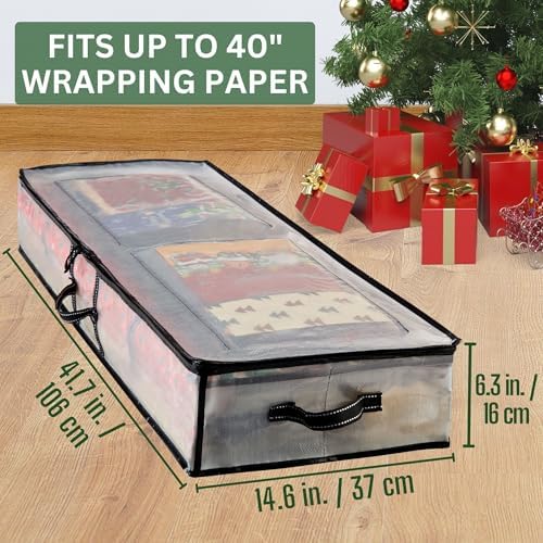 VENO Clear Wrapping Paper Organizer Storage Box for Christmas Gift Bags and Holiday Accessories, Underbed Storage Container with Interior Pockets, 40 Inches Long Fits 24 Rolls - Image 3