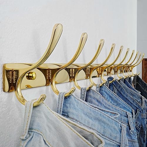 SKOLOO Wall Mounted Coat Rack - 10 Hooks, Heavy Duty, Stainless Steel, Metal Wall Hangers, Sturdy Coat Hooks for Hanging Coats, Jacket, Clothes, Hat, Bright Gold - Image 2