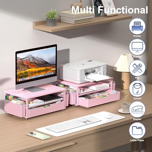 Spacrea Computer Monitor Stand with Drawer and 2 Pen Holders, Pink - Image 5