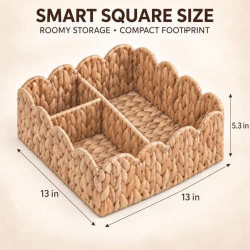Divided Scalloped Basket,Wicker Diaper Caddy Scalloped Baske,Woven Natural Water Hyacinth Basket with 4 Dividers,Suitable for Baby Rooms, Bathrooms, Bedrooms (Beige) - Image 2