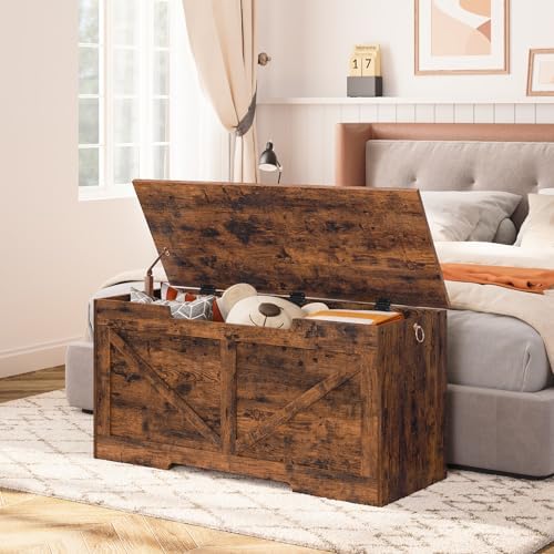 HOOBRO Storage Bench, 39.4” Retro Wooden Storage Chest with U-Shaped Cut-Out Pull, Safety Hinge, Supports 330 lb and Easy Assembly for Toy Box Organizer (Rustic Brown) BF771CW01G1 - Image 2