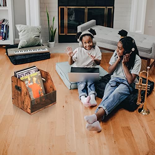 Homeiju Vinyl Record Storage, Record Box Case Crate, Vinyl Record Album Holder, Metal & Wooden LP Record Crate, Holds up to 60 Records - Image 6