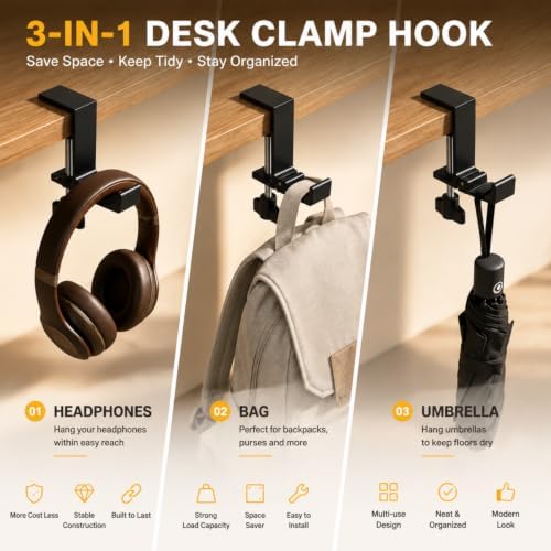 JAKO Headphone Stand for Desk, Aluminum Alloy Foldable Headphone Holder - Headset Stand Hook Mount, PC Gaming Headset Holder Under Desk Clamp for Office, Computer, Student Class Table, Handmade Table - Image 4
