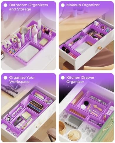 BiuLeon 25 PCS Plastic Drawer Organizers Set, 4-Sizes Vanity and Makeup Organizer, Desk and bathroom Drawer Organizer Trays, Organizers and Storage for Makeup, Jewelry, Gadgets, Utensils (Purple) - Image 7