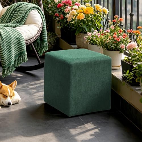 1PC Modern Square Ottoman for Living Room, Wooden Frame Cube Vanity Stool Chair for Bedroom, Woven Heathered Fabric Upholstered Ottoman Foot Rest for Couch or Chair by FYRICKYLINOO