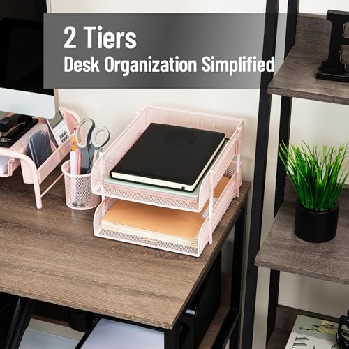 Mind Reader Stackable Paper Tray, Desktop Organizer, File Storage, Office, Metal Mesh, 2 Pcs, Pink - Image 2