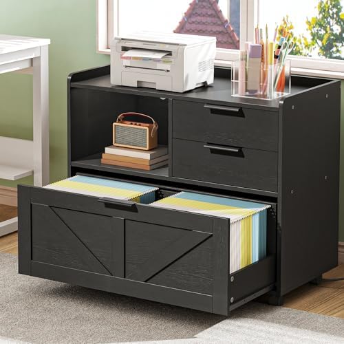 HOOBRO Lateral File Cabinet, Wooden Office Storage Drawers with Charging Station, Filing Cabinet for Home Office, A4/Letter/Legal-Sized Files, Printer Stand with Open Storage Spaces, Black BB37UWJ01 - Image 4