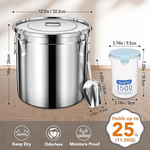 Newget Dog Food Storage Containers, Large Stainless Steel Pet Food Storage Containers 25 lb / 11.5 kg to Keep Fresh, Metal Airtight Cat Food Containers With Scoop and 2 Small Containers - Image 2
