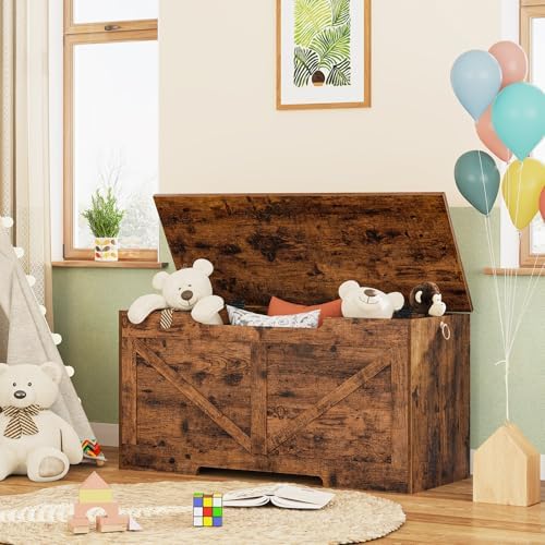 HOOBRO Storage Bench, 39.4” Retro Wooden Storage Chest with U-Shaped Cut-Out Pull, Safety Hinge, Supports 330 lb and Easy Assembly for Toy Box Organizer (Rustic Brown) BF771CW01G1 - Image 5