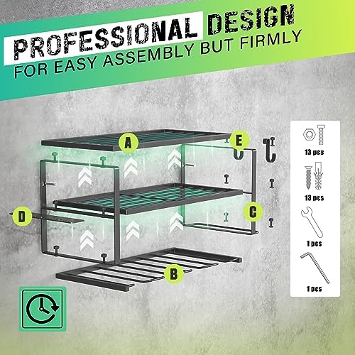 SUNALLY 3-Tier Heavy Duty Steel Power Tool Organizer, Matte Black, 3 Layers Tool Rack Cordless Drill, Floating Shelf Wall Mounted, 4 Drill Holders - Image 4
