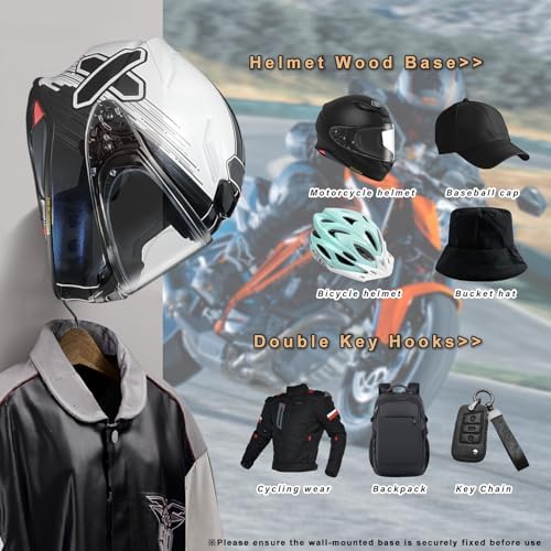 Motorcycle Helmet Holder Wall Mount - Heavy Duty Helmet Hanger Rack with 2 Key Hooks, Solid Wood & Strong Steel Design for Bike, Football, Skiing Sports Gear, Jackets & Hats (1) - Image 5