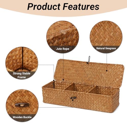 Nonam 3-Section Divided Storage Small Basket with Lid,Shelf Basket-Natural - Image 3