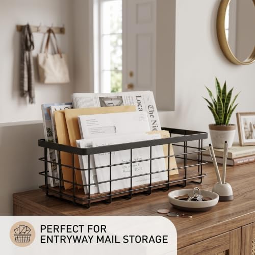 Small Black Metal Wire Storage Basket with Wood Base (Black+Brown, 2 Pack) - Image 4