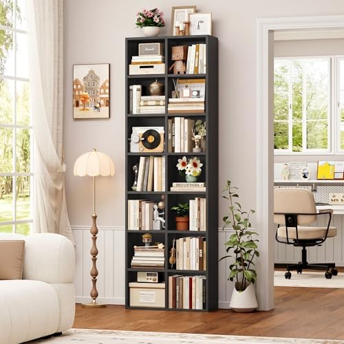 FOTOSOK Black Bookshelf 7-Tier Narrow Bookshelf Tall DVD CD Media Shelf - Image 2