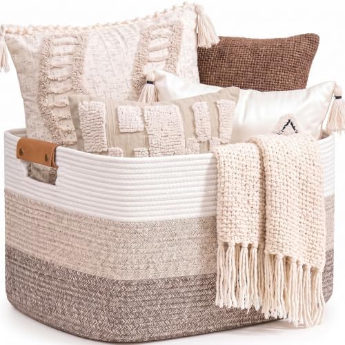 danpinera Blanket Basket, 72L Woven Storage basket with Leather Handle, Eco-friendly Decorative Storage Organization in Bathroom & Living Room for Towels 22 ''*17 ''*11.8 '', Gradient Brown by danpinera