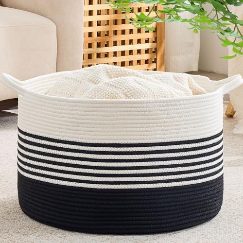 KAKAMAY Large Blanket Basket with Handles, Storage Basket for Living Room by KAKAMAY