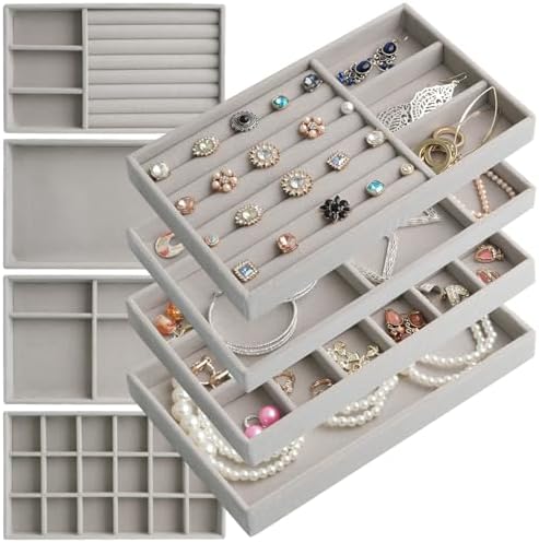 8 Set Jewelry Organizer for Drawer Velvet Jewelry Trays, Jewelry Trays for Drawers Easy To Store Your Jewelry Storage Display Tray for Earring Necklace Rings Bracelet (Grey) by ERLSTE