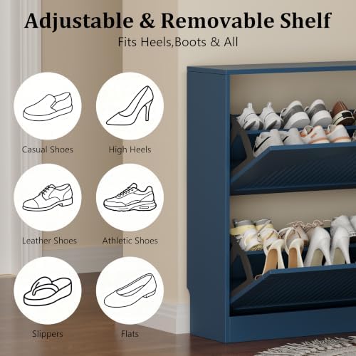 Fluted Shoe Storage Cabinet for Entryway, 2 Flip Drawers, Blue - Image 7