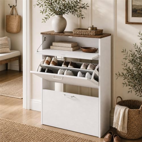 VINGLI Shoe Cabinet Storage for Entryway,Rustic White Narrow Shoe Rack,25"W by VINGLI