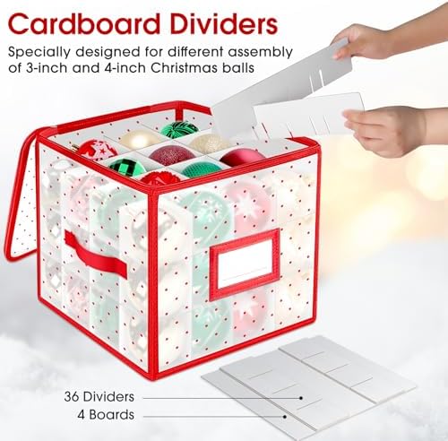 BlessedSeason Christmas Ornament Storage Box with Adjustable Dividers, Store up to 64 3-inch or 36 4-inch Christmas Ornaments, Plastic Xmas Storage with Zippered Closure & Two Handles - Image 4