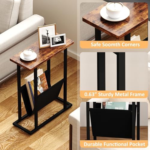 Yusong Narrow Side Table for Small Spaces, Small End Table with Magazine Holder, Skinny Slim Little Thin Table for Living Room, Bedroom, Sofa, Rustic Brown - Image 4