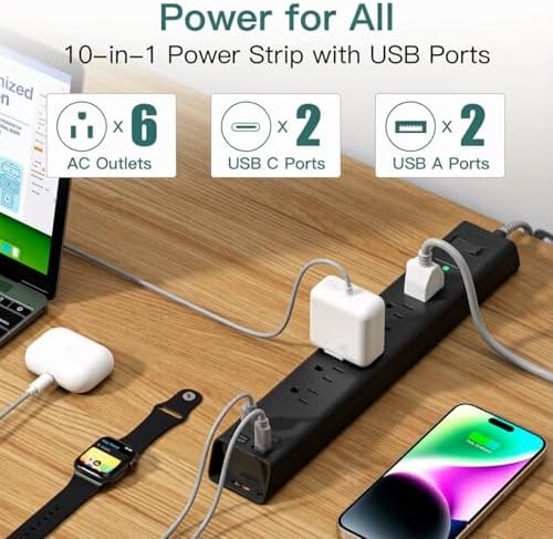 15Ft Power Strip Surge Protector with 6 Outlets and 4 USB Ports (2 USB-C) - Image 2