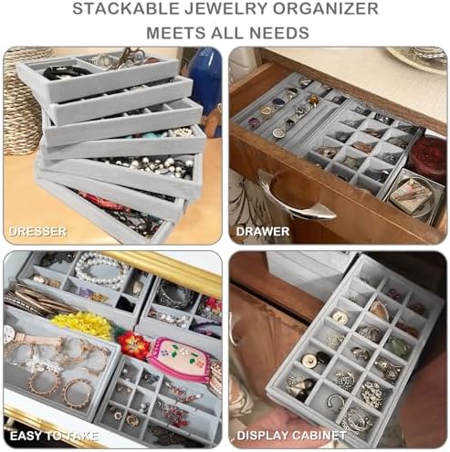 Jewelry Trays,Grey Velvet Stackable Organizer Trays,Drawer Inserts Jewelry Display Case For Rings Stud Necklaces Earring Organizer Tray for Women Girls-8 Pack - Image 6