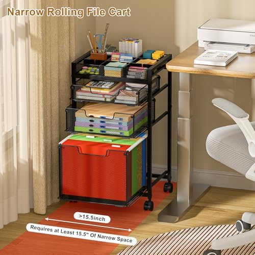 Rolling File Cart with 3 Storage Drawers, Under Desk Filing Cabinet with DIY Divider, Hanging File Folder Organizer on Wheels, Fits A4/Letter Size, Metal Utility Cart for Home Office, Black - Image 3