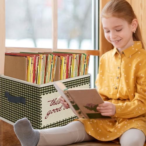 Inspirational These Are the Good Old Days Foldable Storage Bins Box with Handles, Green Gingham Plaid Motivational Collapsible Toys Books Clothes Organizer Basket for Kids Bedroom Bathroom - Image 5