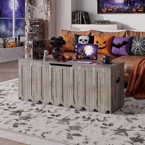 DHZ 47.2 Inch Wooden Storage Bench, Storage Chest with Cushion Seat, 4 Swivel Wheels and 2 Safety Hinges, Entryway Storage Bench for Living Room, Bedroom - Image 2